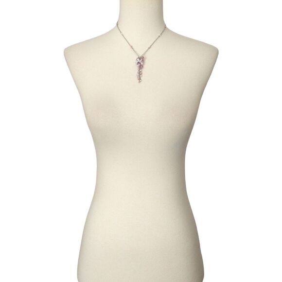 Faux Pearl Cluster Necklace Pendant Drip Dangle Pink Mauve Silver Tone Regency. - Picture 5 of 16